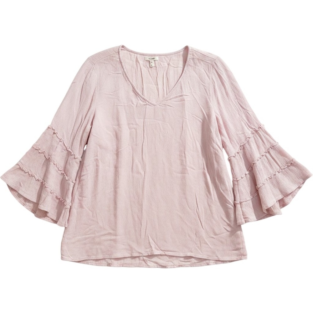 Maurices Womens L Pink V-Neck Tiered Ruffle Bell Sleeve Gauze Blouse Top